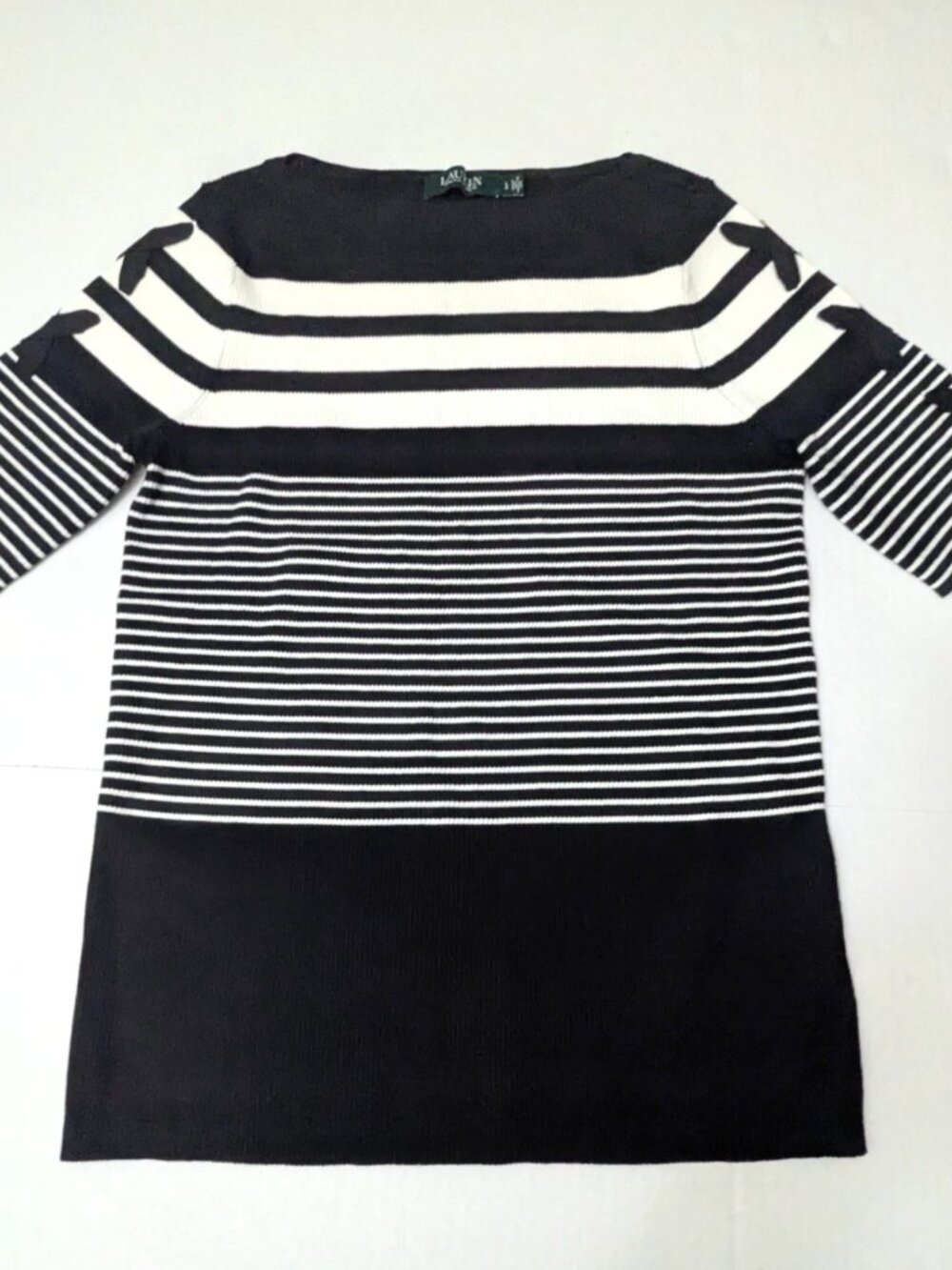 Lauren Ralph Lauren Strip Knit Lace up 3/4 Sleeve Top Black White Size L NWOT